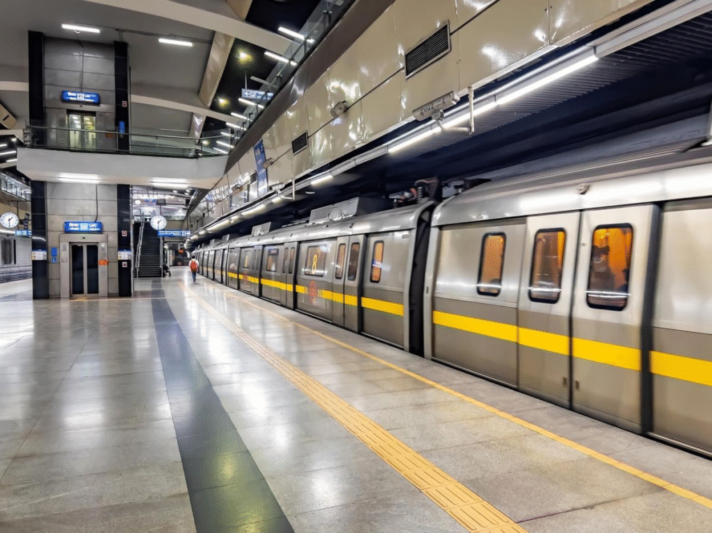 A Delhi Metro Yellow Line train arriving at an elevated station platform with passengers waiting.

