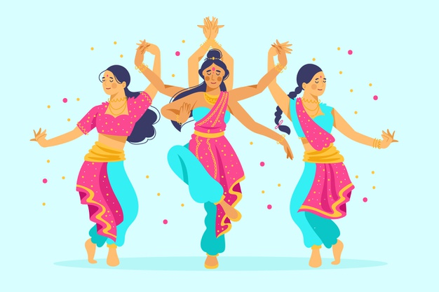 Three women performing traditional Indian dance, showcasing graceful movements and vibrant attire which proudly represent the Indian Culture and Heritage