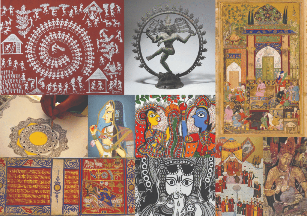 A vibrant collage of Indian traditional art forms including Madhubani, Warli, Pattachitra, and Mughal miniature paintings.