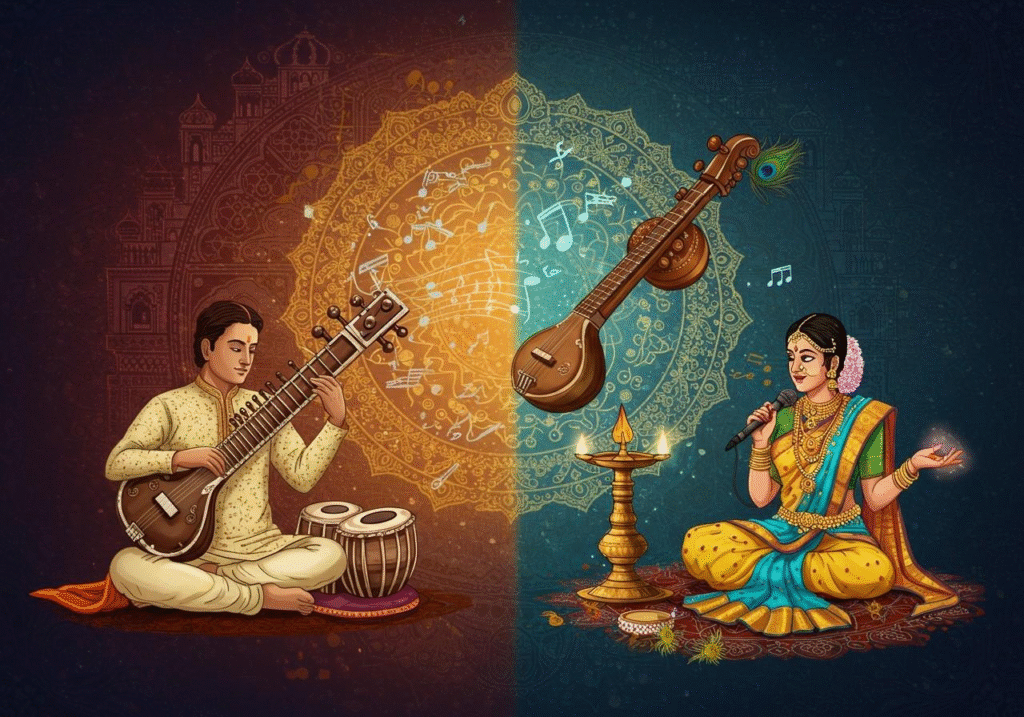A man and woman performing traditional Indian music, playing instruments like the sitar and tabla.