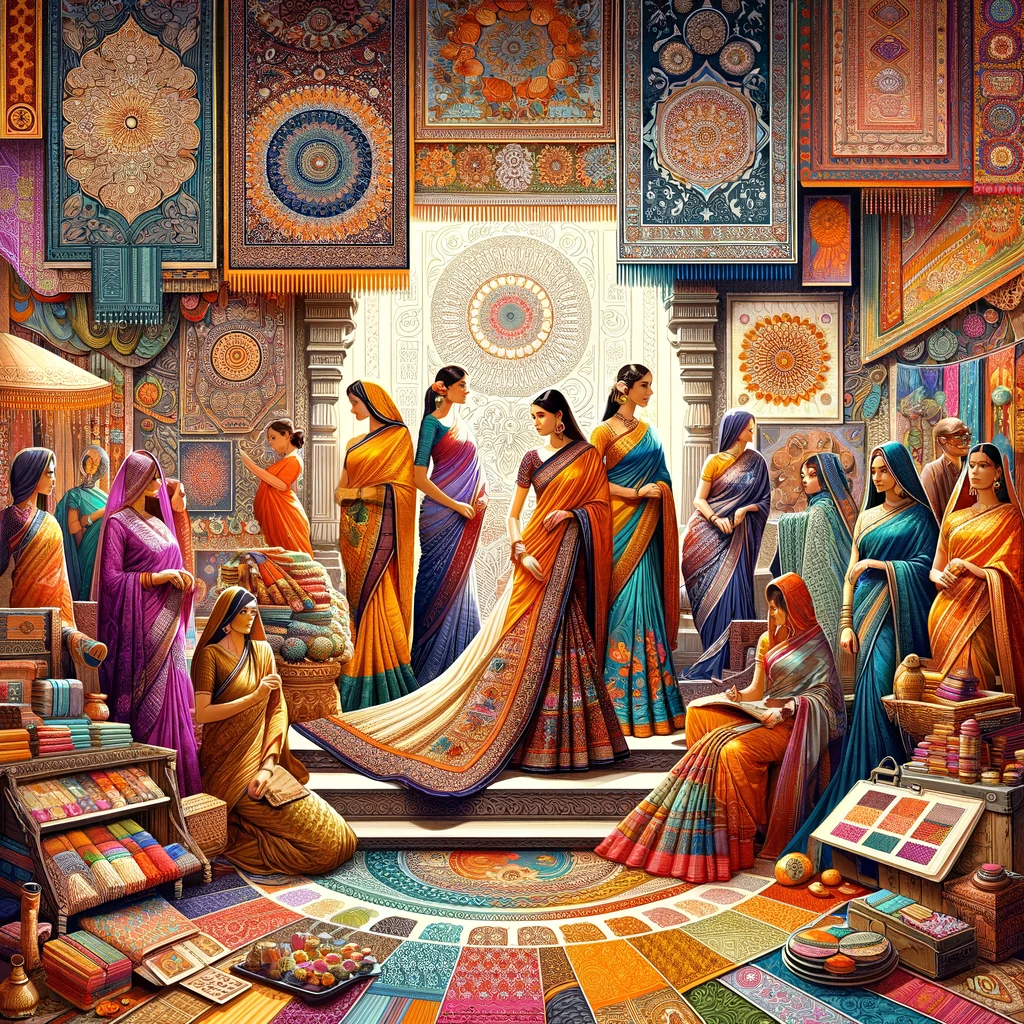 Indian women wearing vibrant traditional sarees, showcasing rich fabrics and intricate designs