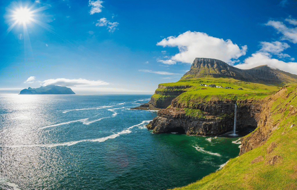  "Dramatic coastal cliffs and green hills of the Faroe Islands under a cloudy sky"
