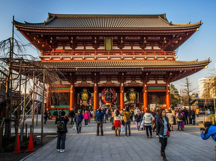 Historic Senso-ji Temple with visitors in the Asakusa district of Tokyo