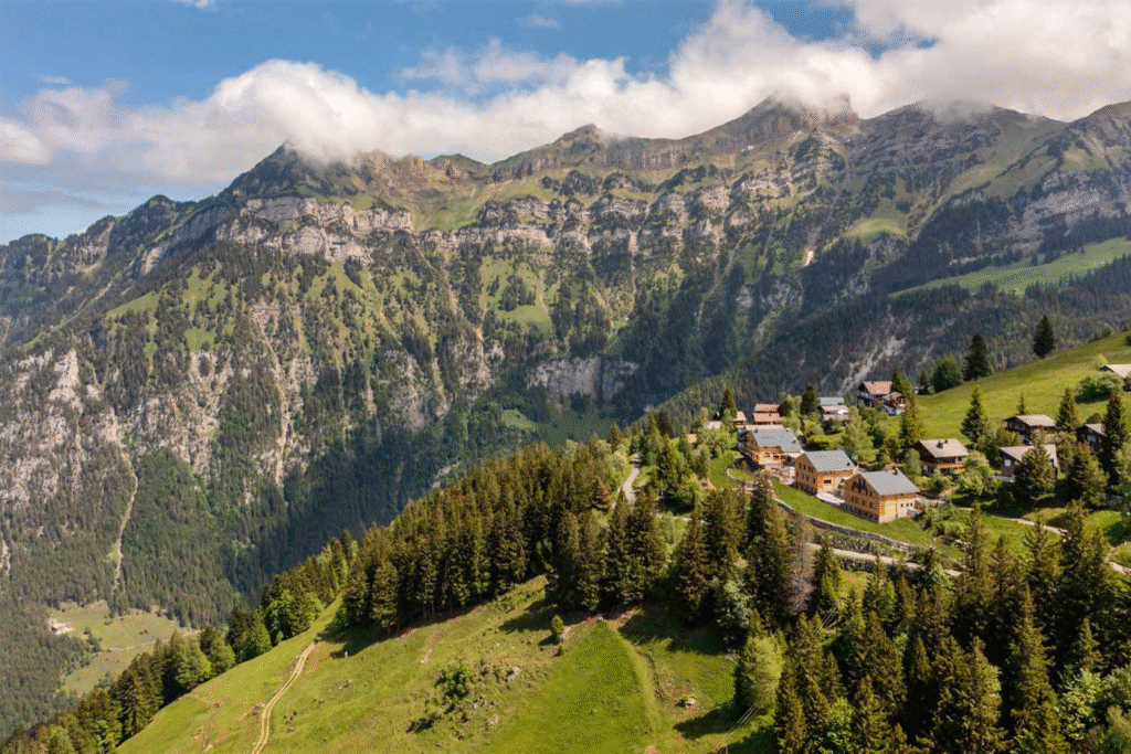 Panoramic view of a luxury mountain retreat nestled in the snowy Swiss Alps with pine forests, serene skies, and a yoga deck overlooking the valley