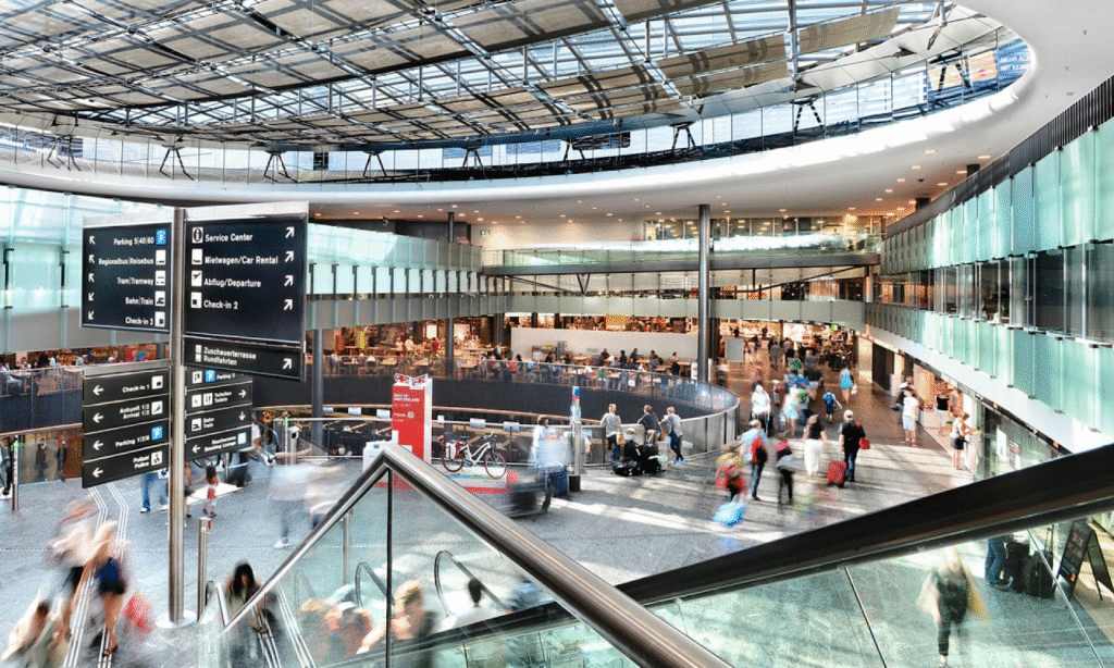 Interior view of Zurich Airport showing modern architecture, travelers, and shopping areas.