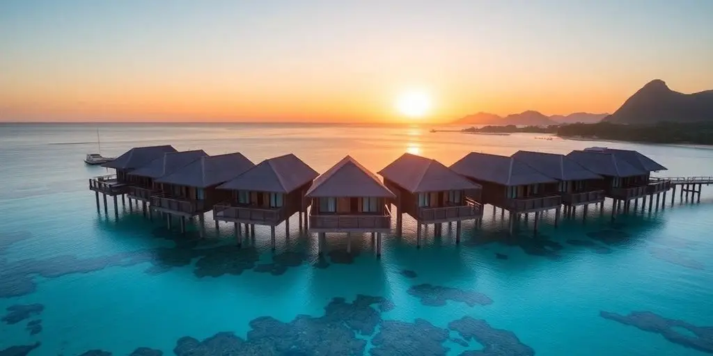 Golden sunset over Bora Bora lagoon with silhouette of overwater bungalows
