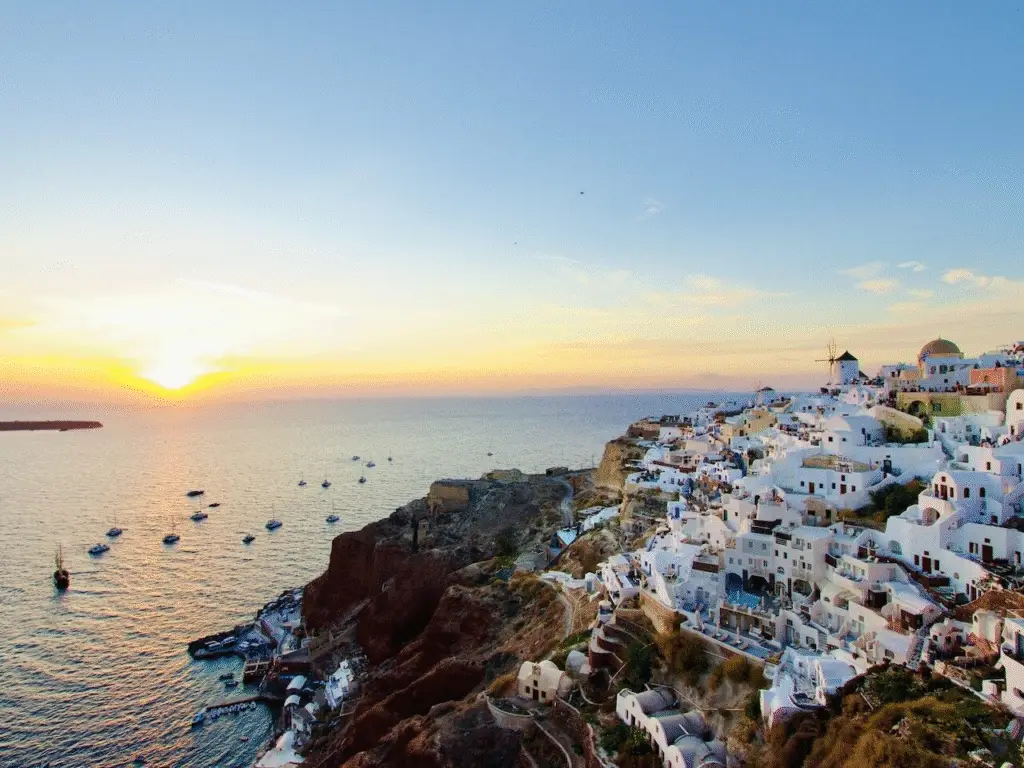 Tranquil water view resembling a river near the cliffs of Santorini, Greece