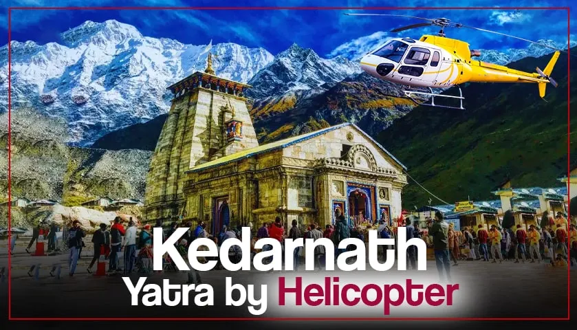 Helicopter flying towards Kedarnath Temple with Himalayas below