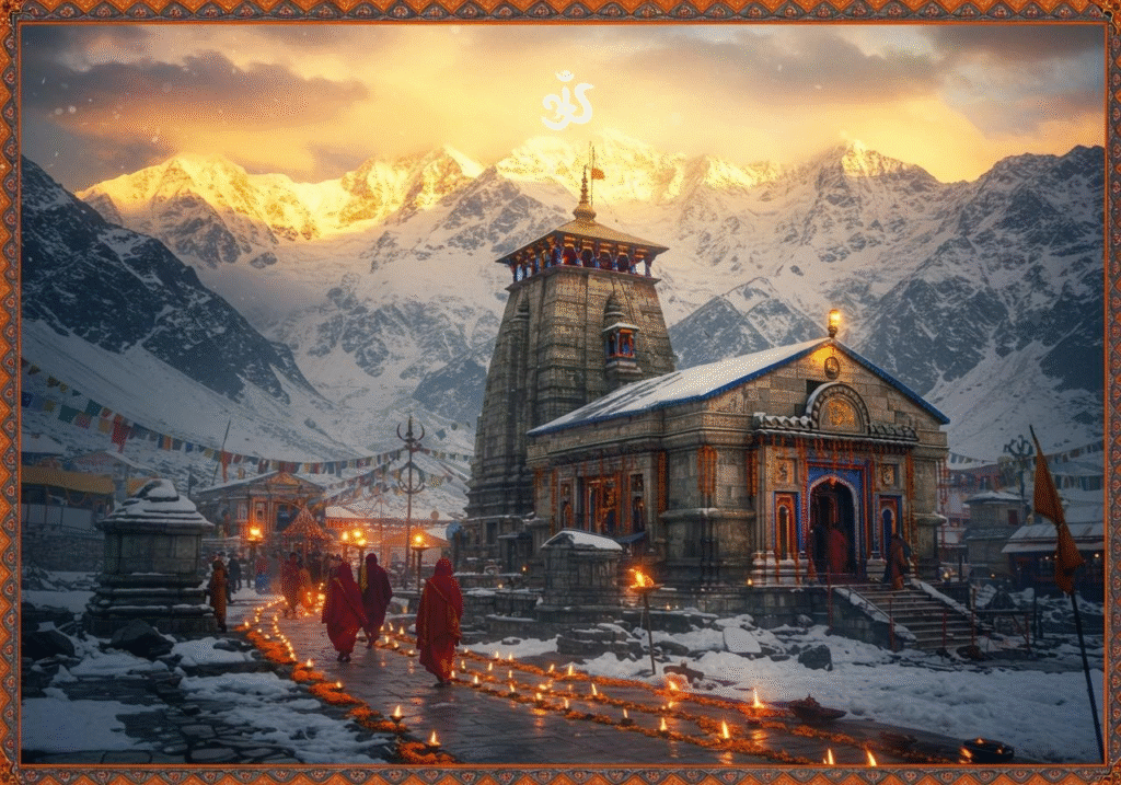 Evening aarti at Kedarnath Temple with glowing lamps